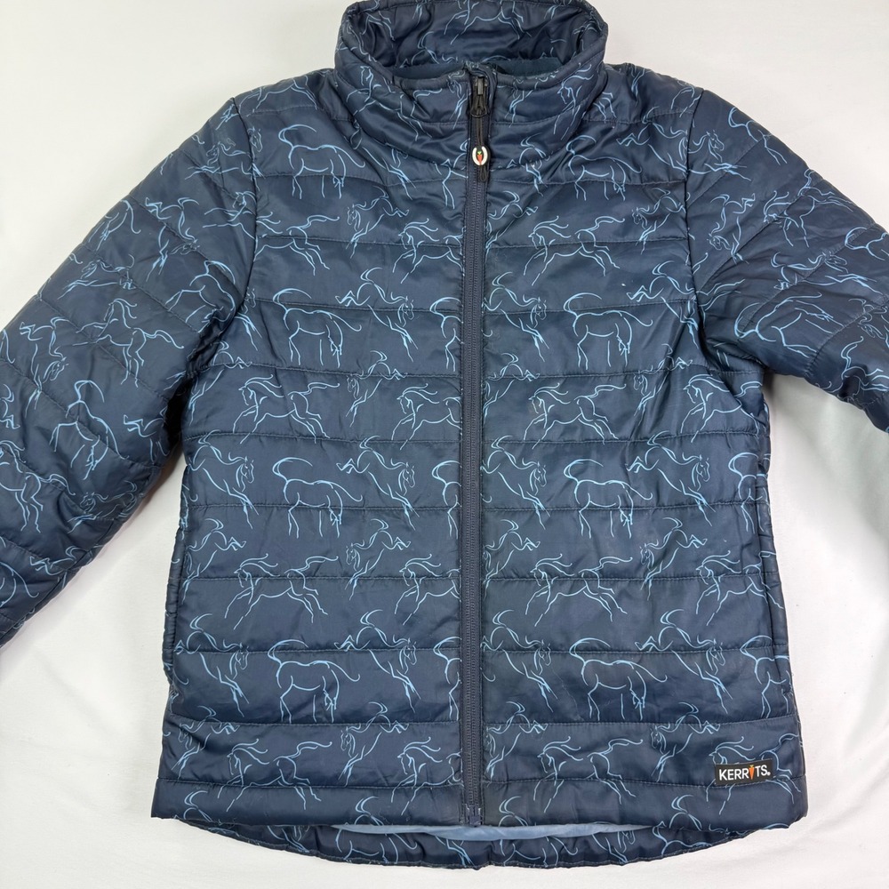 Kerrits Equestrian Puffer Jacket Navy Blue Horse Print Full Zip Coat kids L